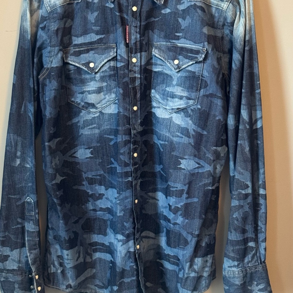 Dsquared2 Camo Wash Denim Snap Shirt Men’s IT 54 (L) Made in Italy